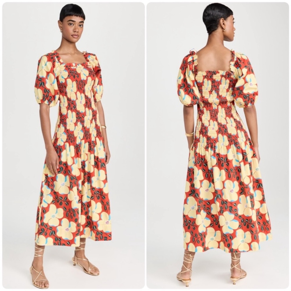 NWT Rhode Ines Floral Puff-Sleeve Midi Dress in Red and Cream